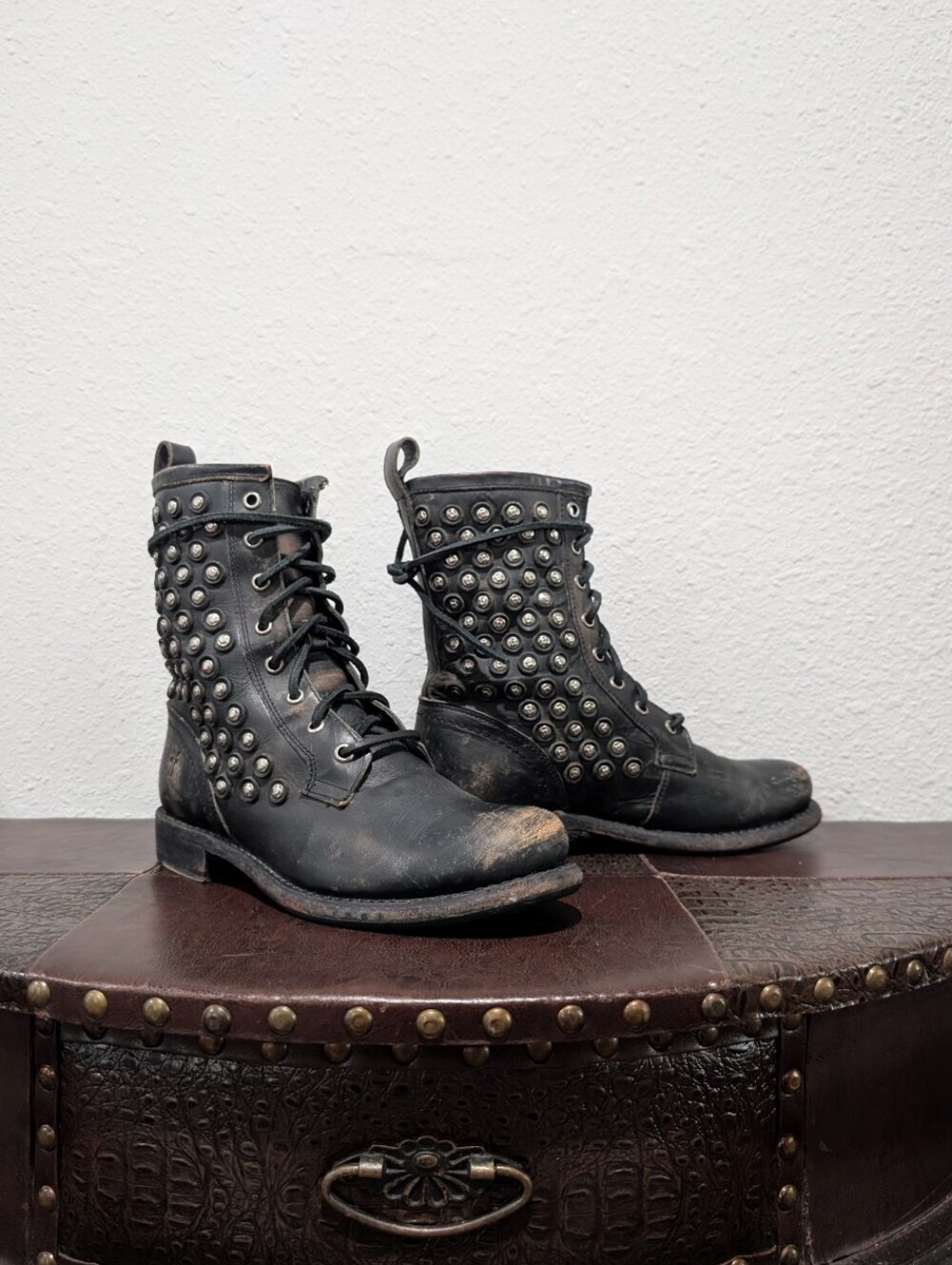 Frye Black Leather Studded Lace-Up Combat Boots – Size 7